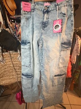 Bundle 3 for $25. NWT Acid-Wash Light Blue Cargo Wide-Leg Jeans. Size 16.